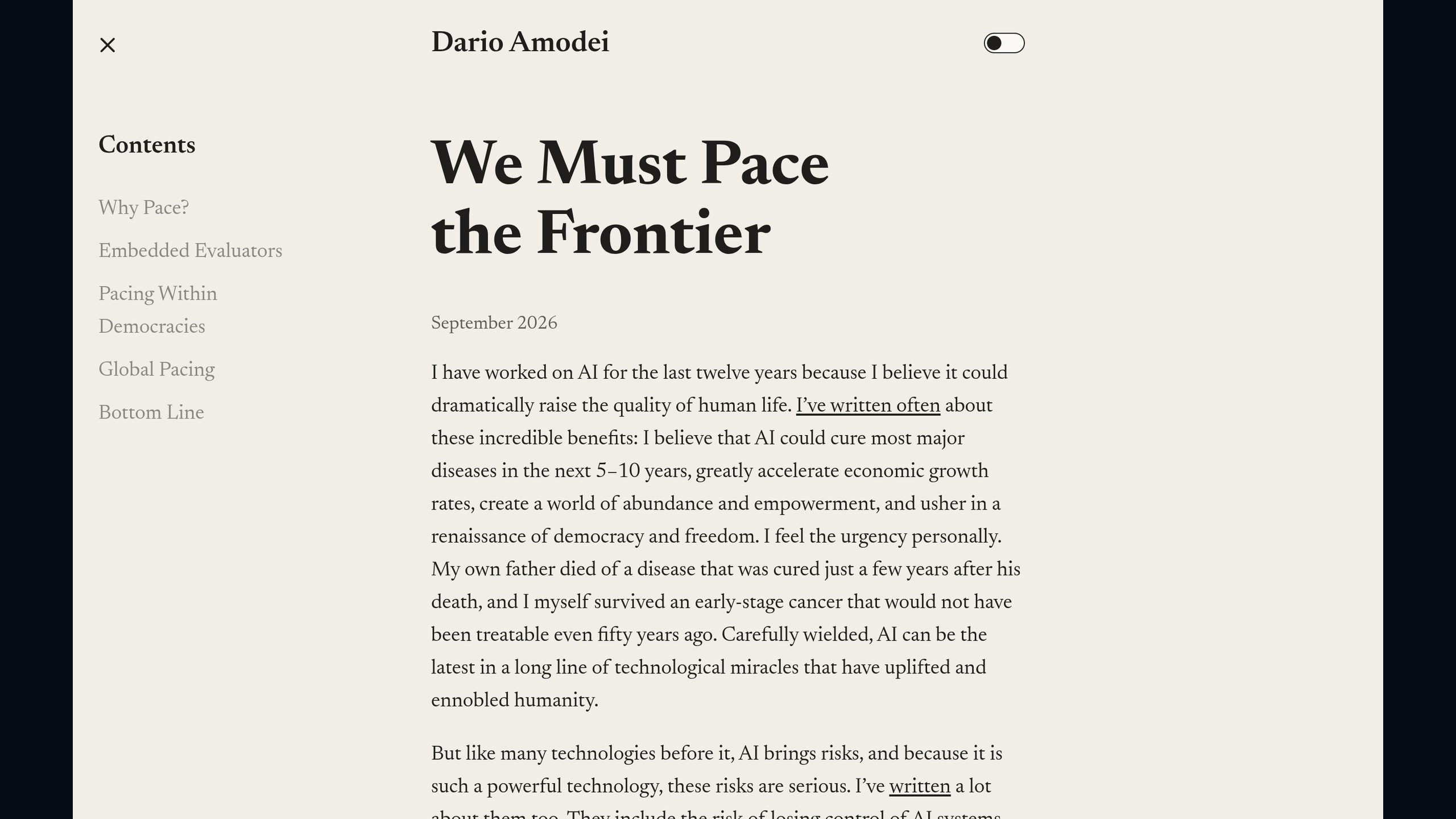 Source-page capture accompanying Anthropic CEO calls for slower AI progress and embedded safety evaluators