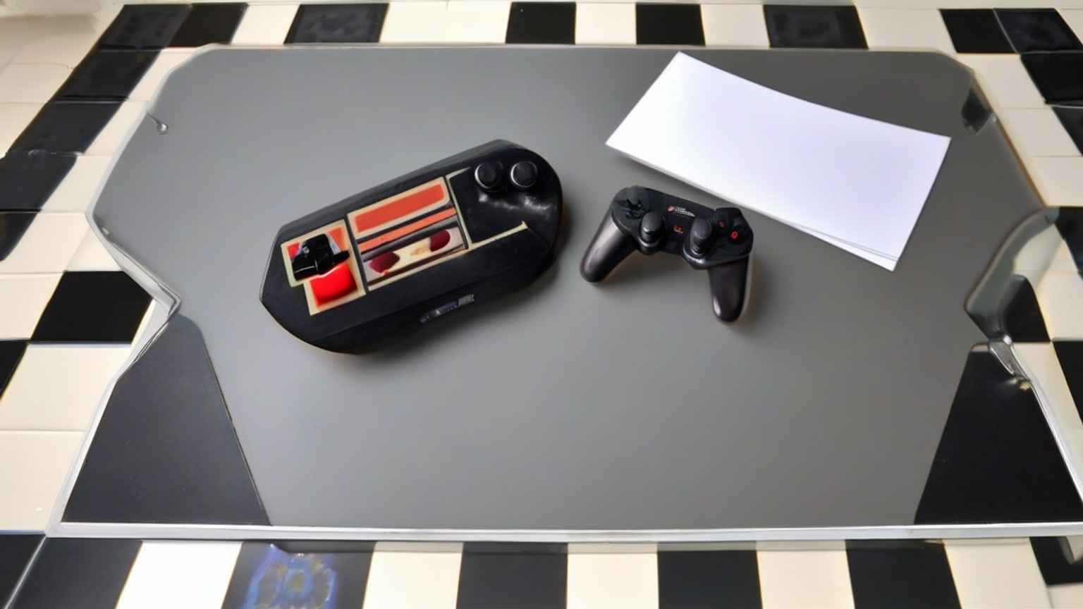An empty university AI research laboratory at dawn with an unbranded game controller beside a tabletop grid of colored wooden tiles and a small stack of blank cards, lit by cool window light and a single warm desk lamp.