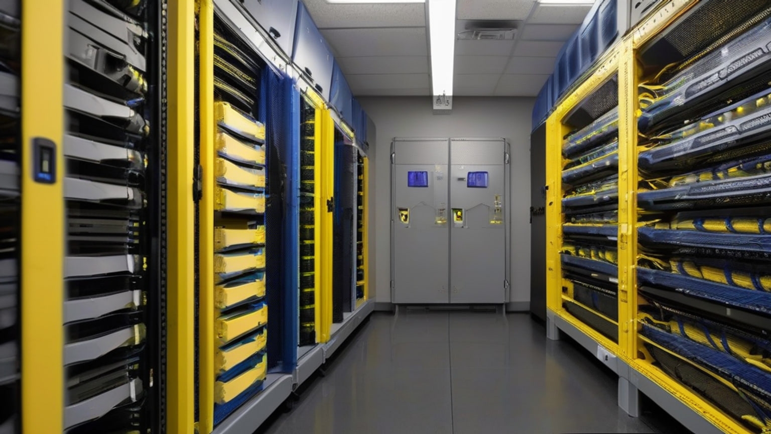 An unoccupied server room at a small open-source software foundation, with secured equipment and network cables arranged on a metal workbench.