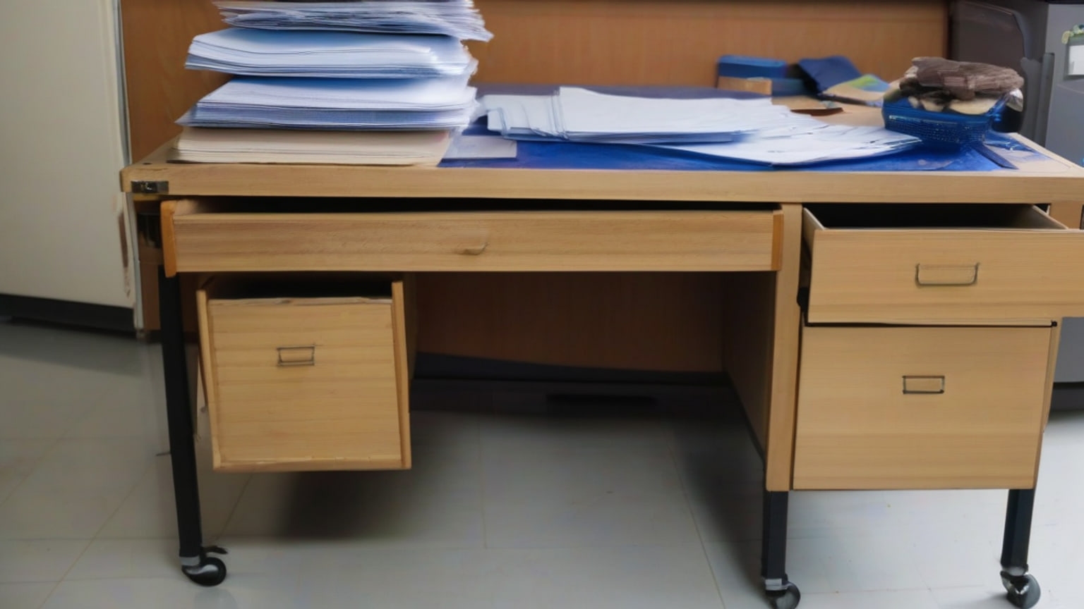 Unmarked annotation cards, a keyboard and research equipment on a desk in a university language laboratory, illustrating Roman Urdu hate-speech detection research.