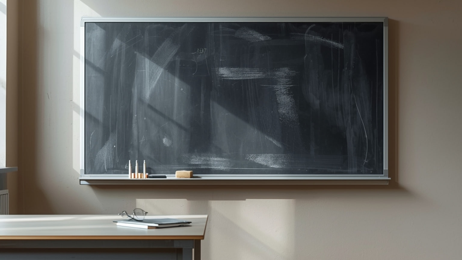 A freshly wiped blackboard in a university mathematics seminar room, with chalk stubs and an eraser in the tray under morning light.