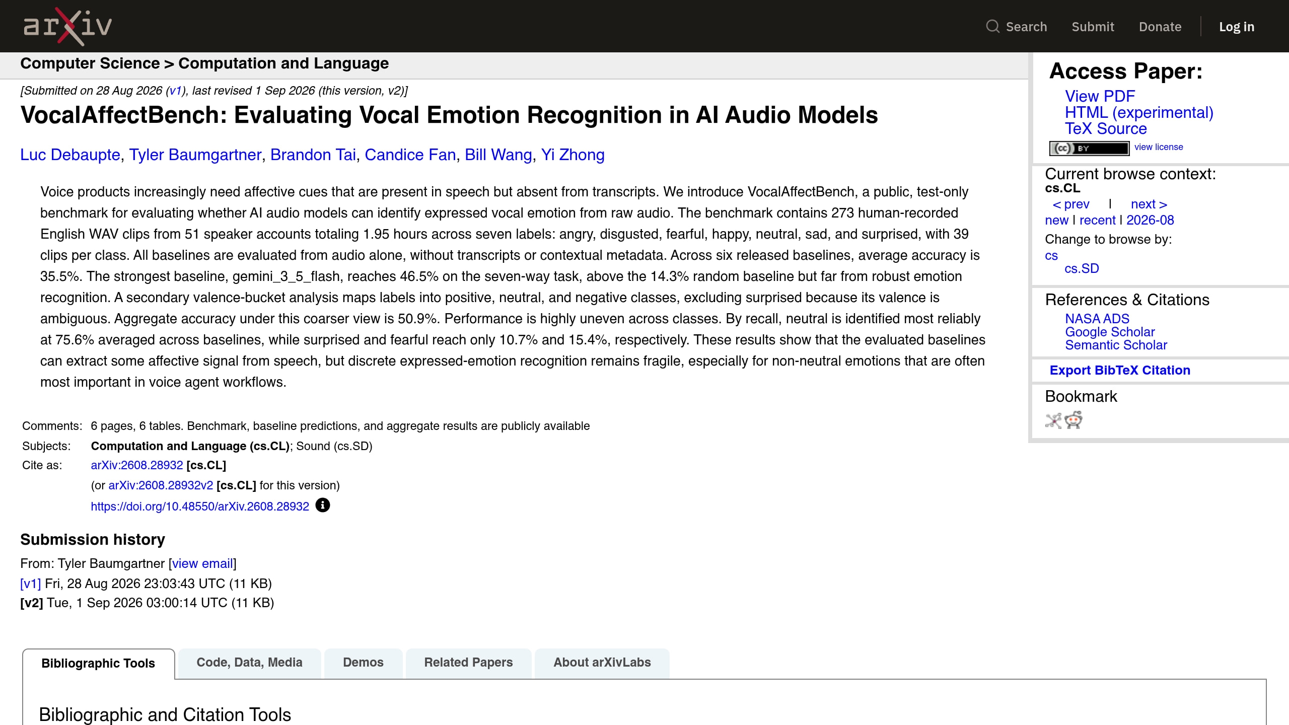 Source-page capture accompanying Benchmark finds AI audio models struggle to recognize vocal emotion