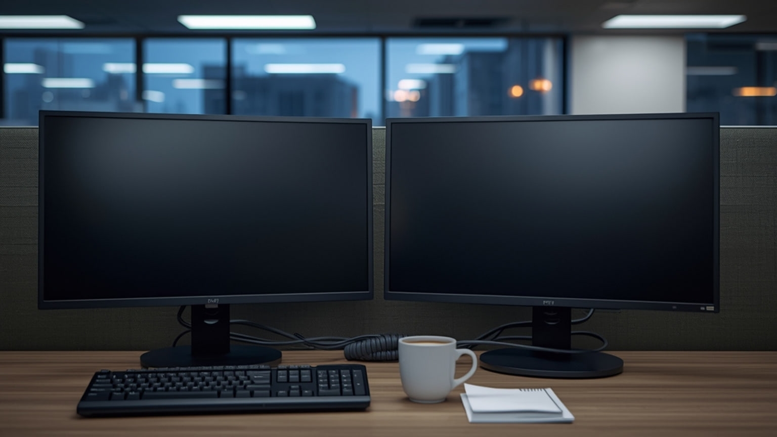 An empty after-hours office desk with two powered-off monitors, a keyboard and a coffee mug, lit by dim window light at dusk.