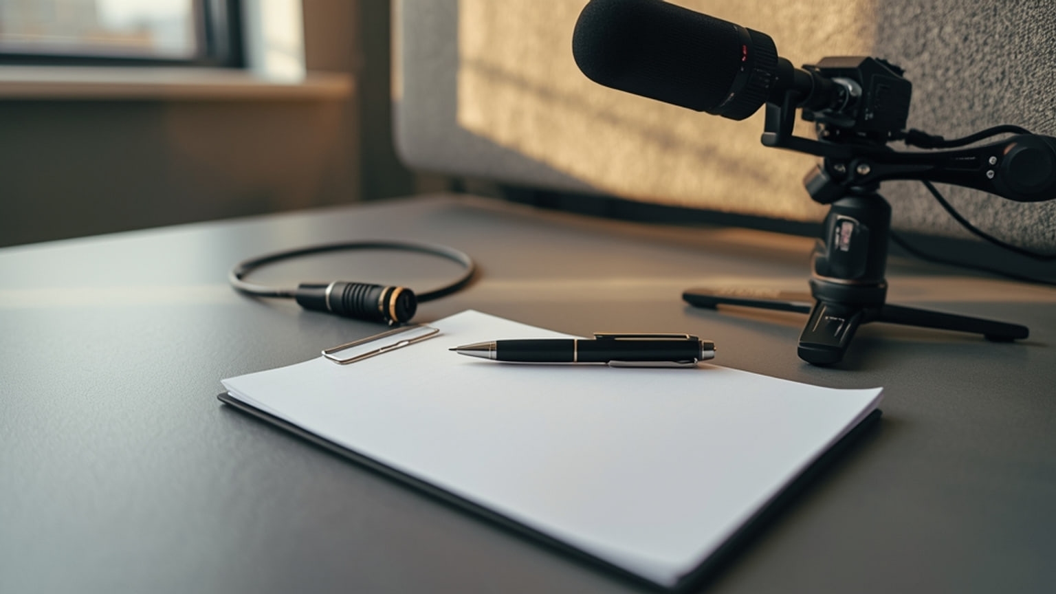 A desk in a research lab holding a blank sheet of paper, a dry pen, a small microphone on a stand and a downward-facing camera on a tripod arm.