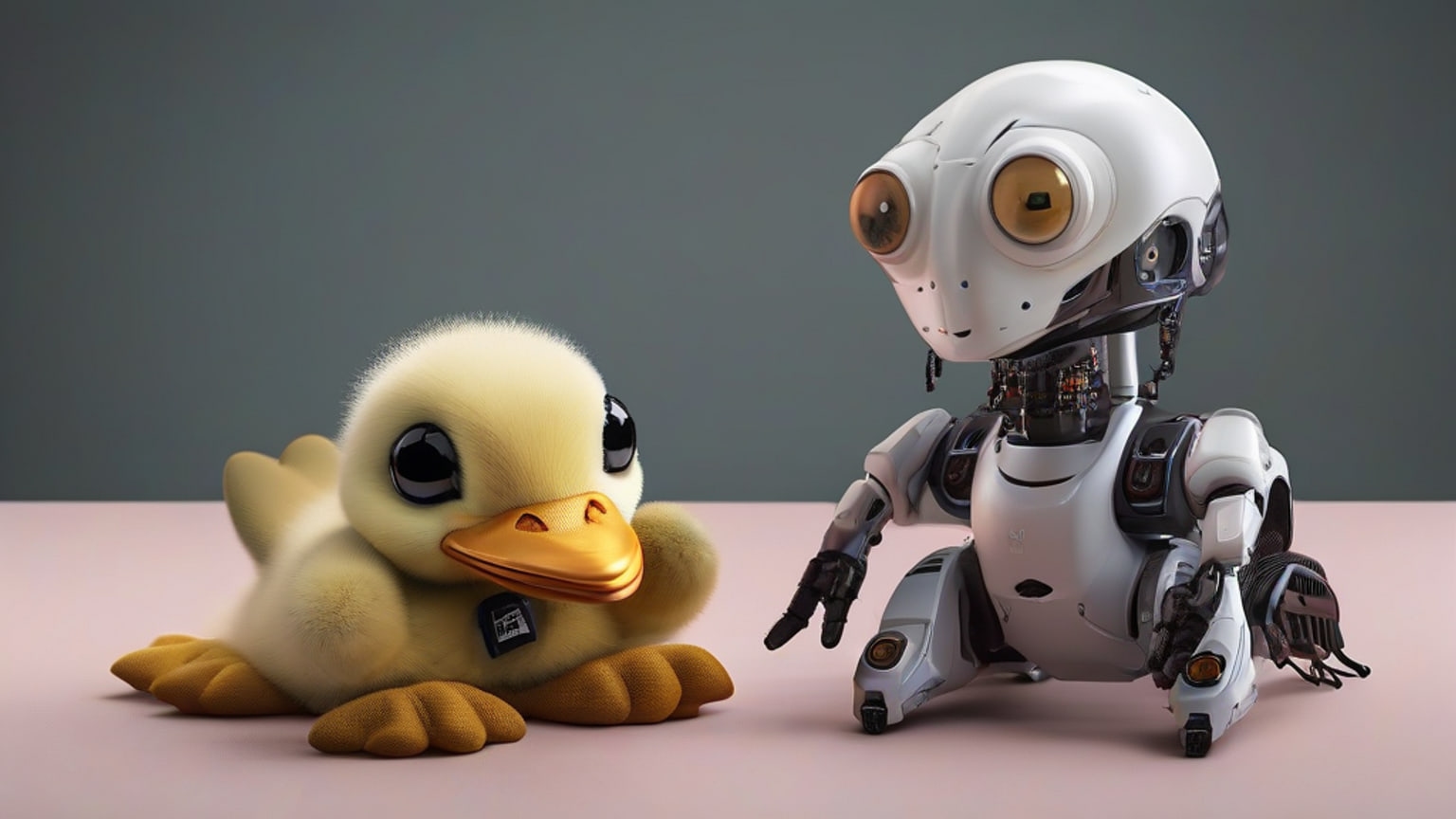 AI-generated editorial illustration: Photorealistic editorial still life of a small two-legged ducklike robot with a single visible eye, plastic mandible, compact camera and lidar sensor, positioned beside a tiny soccer ball and detachable roller accessories on a plain workshop surface; no people, logos, screens, or readable text. Created for “Business Insider reports Hugging Face says Microduck orders topped $2.6 million in 24 hours.”