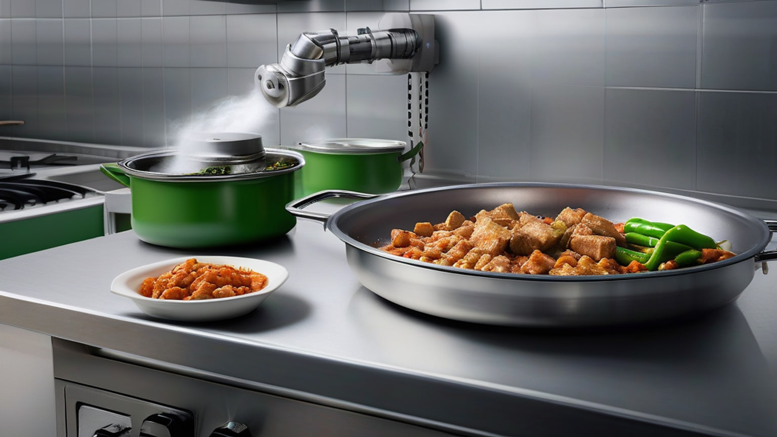 AI-generated editorial illustration accompanying China Daily reports Xianglu Robotics unveiled adaptive AI cooking robots at WRC 2026