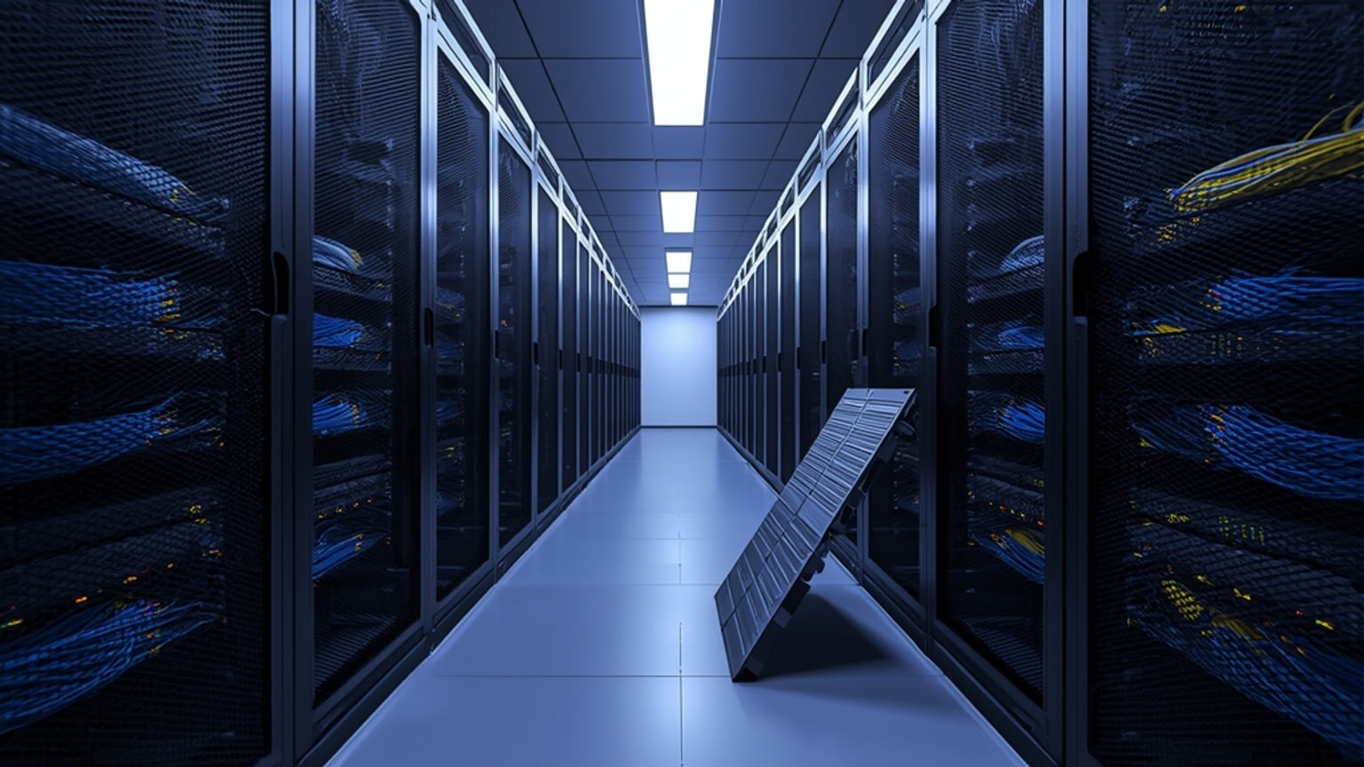 An aisle of unmarked server racks in a data center, with bundled patch cables and small indicator lights.