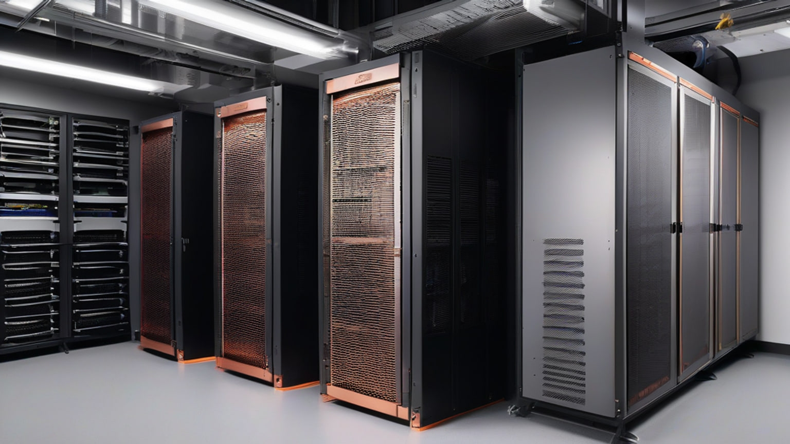 Unbranded GPU servers and cooling hardware in an academic machine-learning lab equipment room