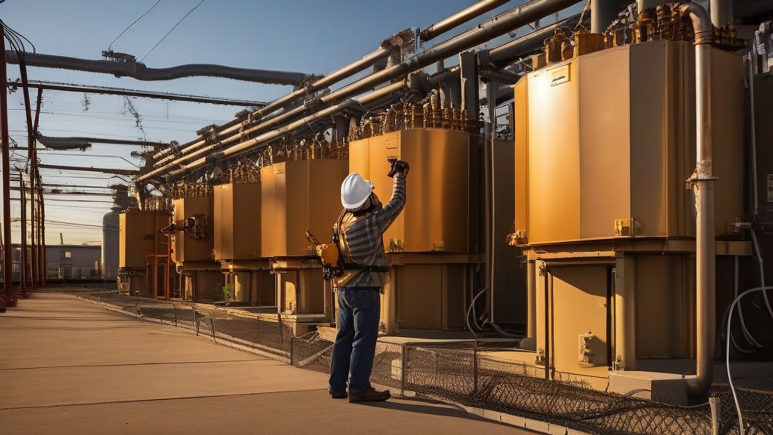 A photograph of a power transformer in a substation, with a large metal tank and a series of electrical connections.