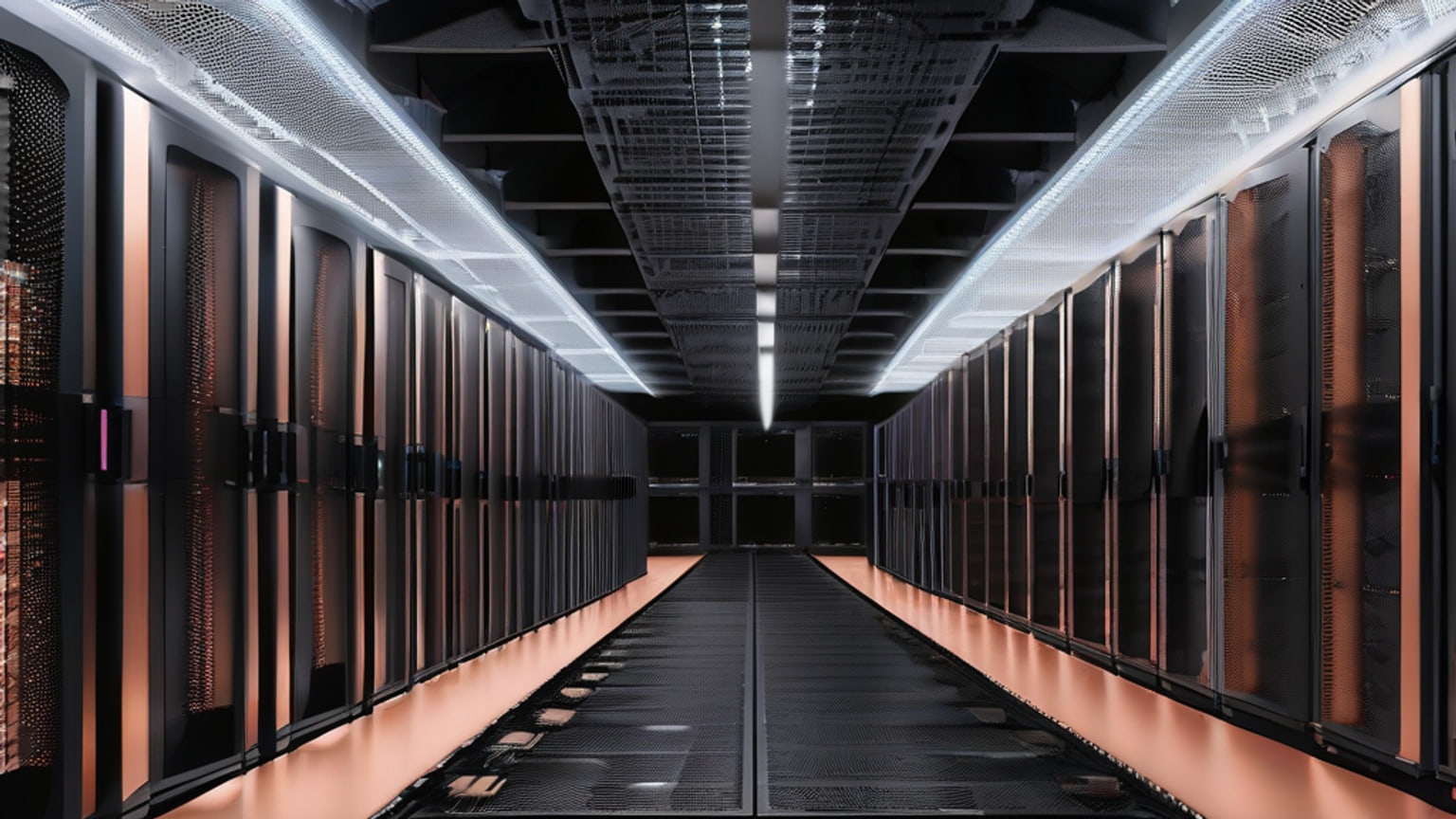 An empty server aisle with dense accelerator racks and organized cooling and network cabling in a large inference data center.
