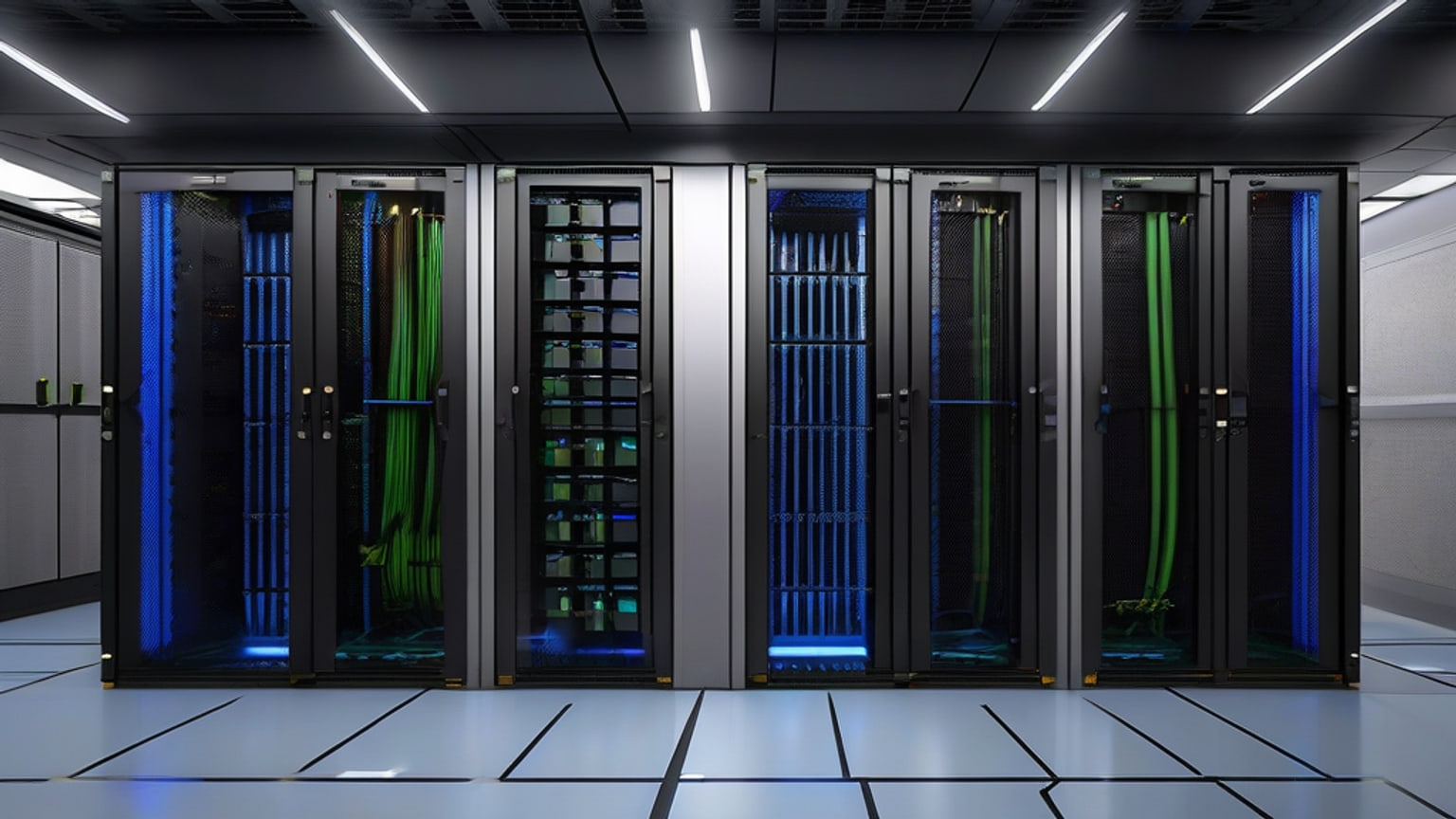 Unbranded GPU server racks in a data-center aisle, illustrating LLM serving-fleet profiling