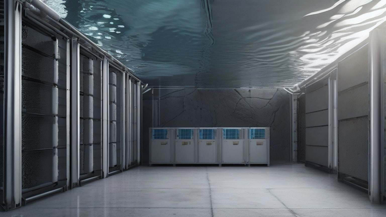 AI-generated editorial illustration accompanying Fortune reports AI data-center projects moving offshore and underwater