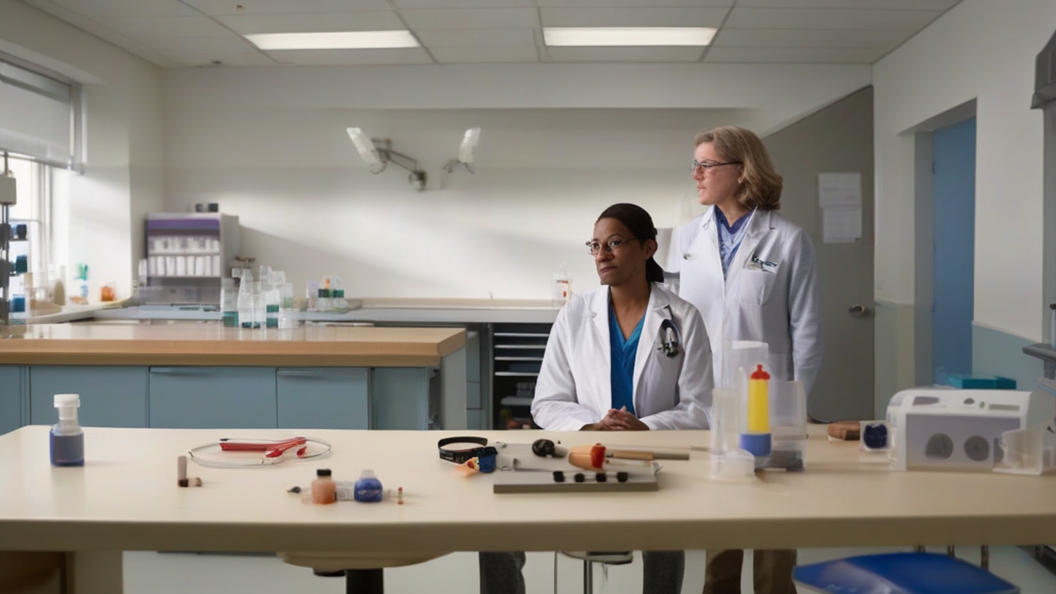Researchers in a medical laboratory with wearable sensor equipment arranged on a workbench.