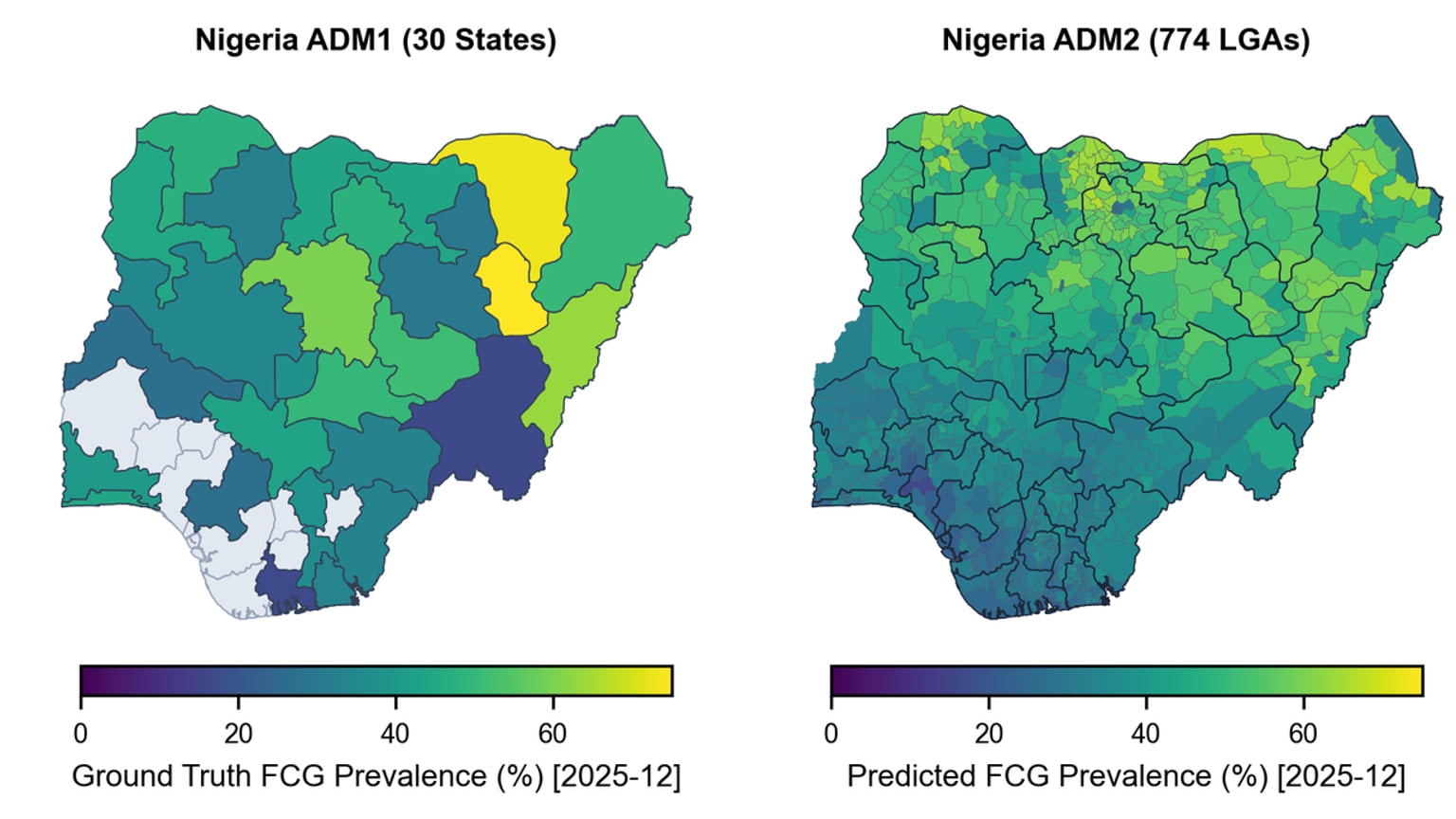 Google Research’s source includes side-by-side maps comparing ground-truth and predicted food-security prevalence in Nigeria, along with a chart comparing the Planetary Prediction Engine with baseline approaches.