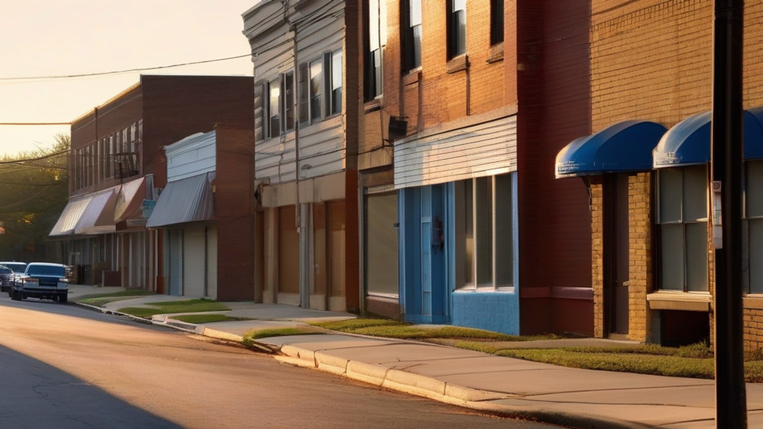 An empty Houston commercial street at dawn with shuttered storefronts, a bus shelter, parked cars, and concrete sidewalks.