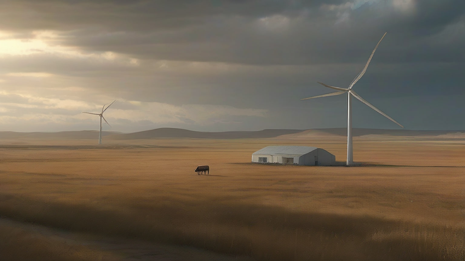 AI-generated editorial illustration accompanying Inner Mongolia city turns wind-rich pastureland toward China’s AI computing boom