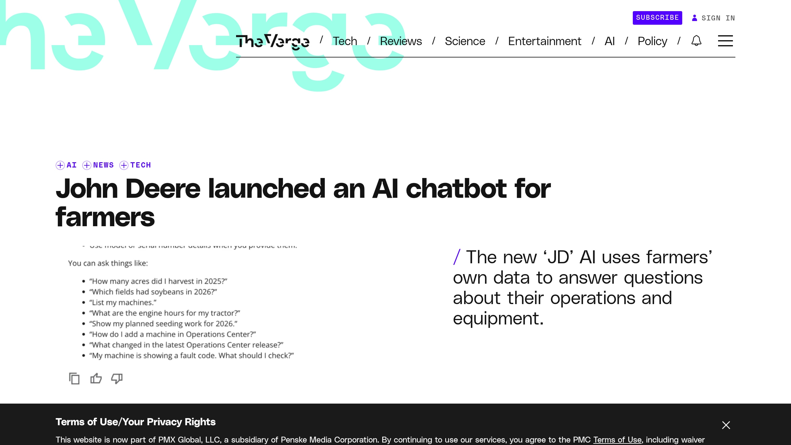 Source-page capture accompanying John Deere begins early access testing of an AI assistant for farmers