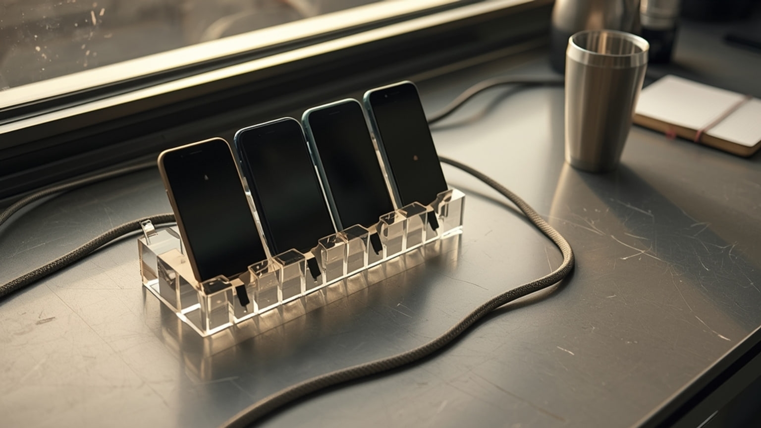 Several unbranded smartphones with blank, powered-off screens resting in a slotted charging rack on a scuffed lab bench, beside coiled cables, lit by late-afternoon window light.