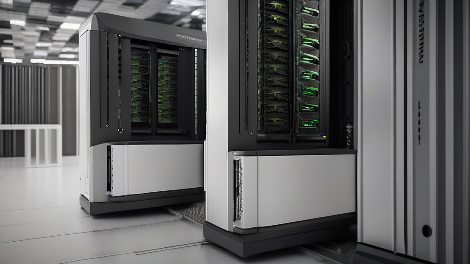 AI-generated editorial illustration: Photorealistic editorial still life of an unbranded rack server chassis, a separate accelerator card and an external storage enclosure arranged on a neutral workbench; no people, logos, screens or readable text. Created for “Nutanix says it will add AMD GPUs to its AI inference platform by year-end.”