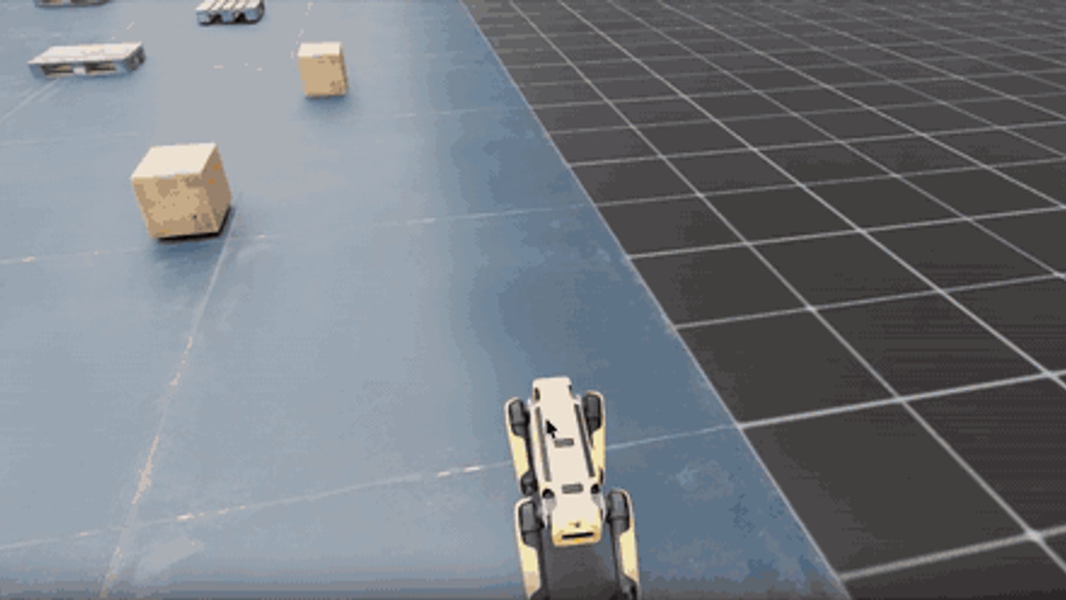 Editorial illustration of a Spot quadruped navigating a registered indoor warehouse simulation, with an occupancy map and a second abstracted robot silhouette indicating cross-embodiment policy adaptation; no people or readable text.