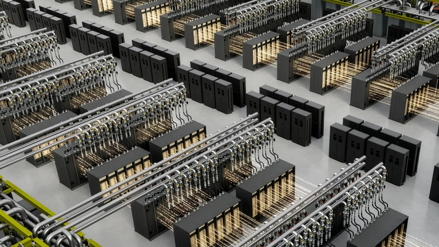 Liquid-cooled server racks and facility piping in a data-center equipment room.