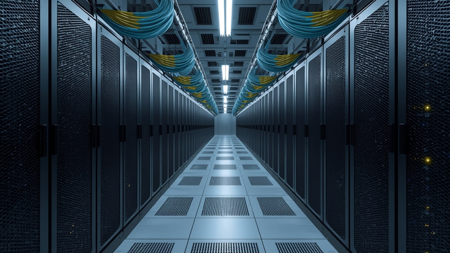 A row of rack-mounted GPU servers in a data centre cold aisle at night, with bundled fibre cables and small status lights along the perforated cabinet doors.