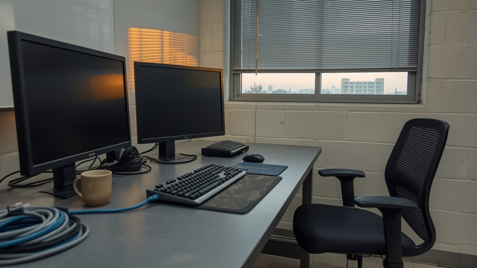 An unattended desk in a university machine-learning lab at early morning, with dark powered-off monitors, a keyboard, a cold mug of coffee and bundled network cables, lit by low sun through venetian blinds.
