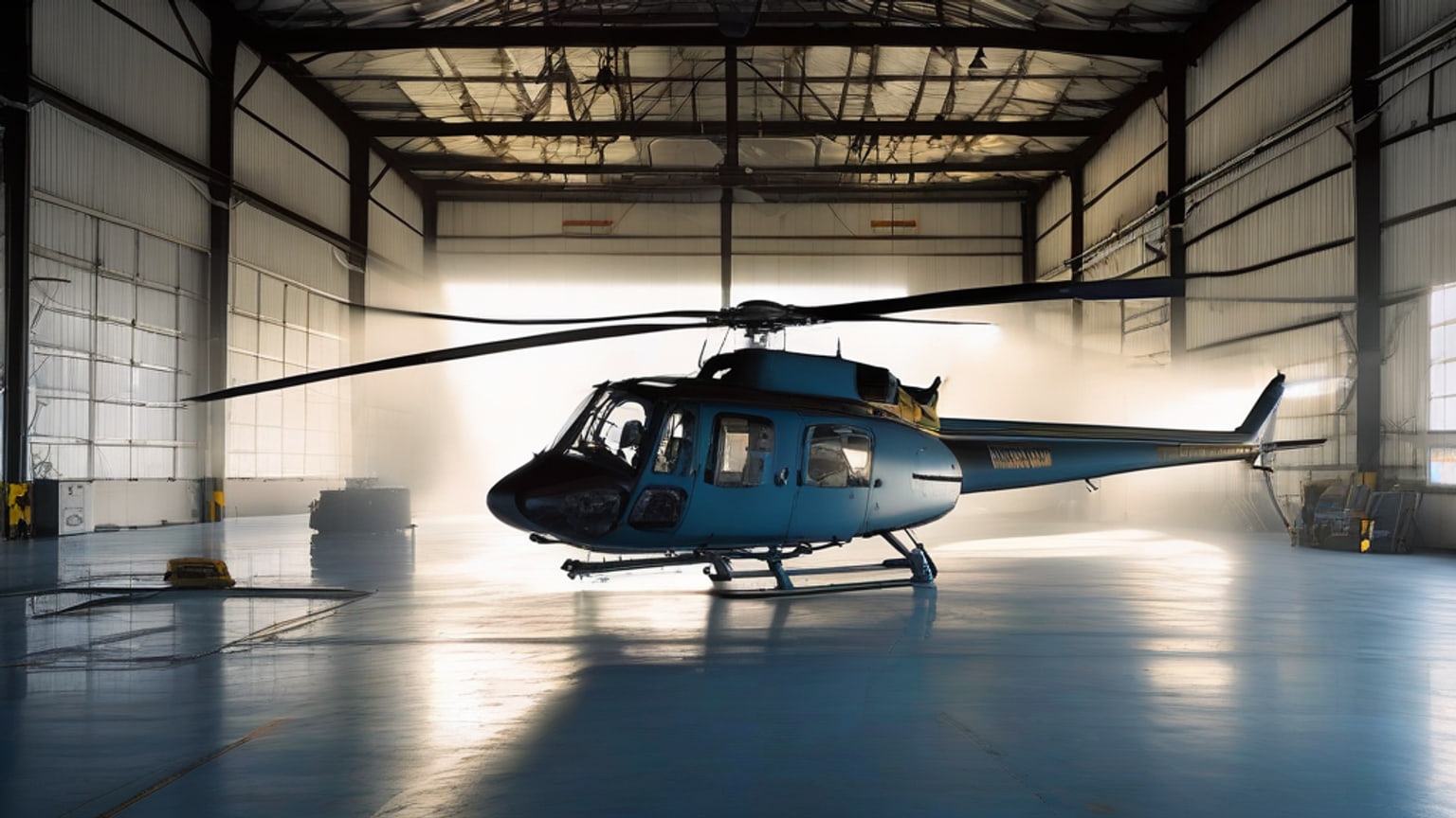 An unmarked helicopter resting on industrial weighing platforms inside a maintenance hangar.