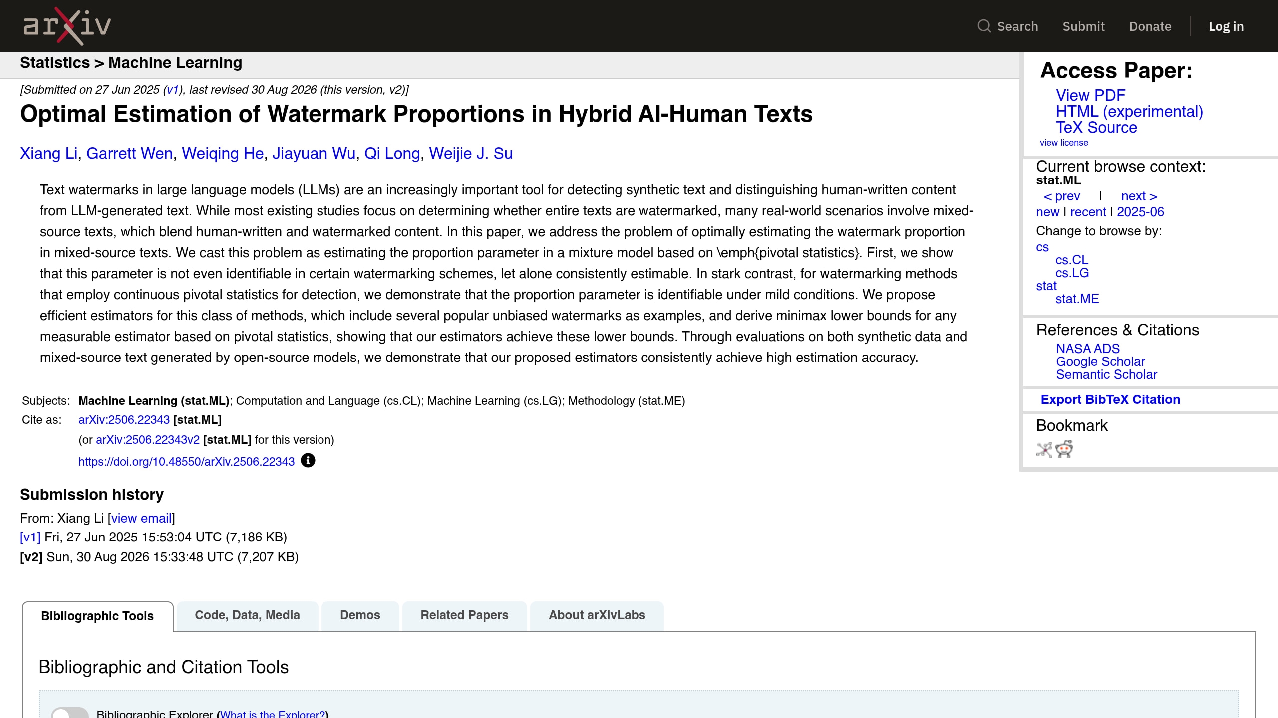 Source-page capture accompanying Paper proposes estimating how much of mixed text came from a watermarked AI model