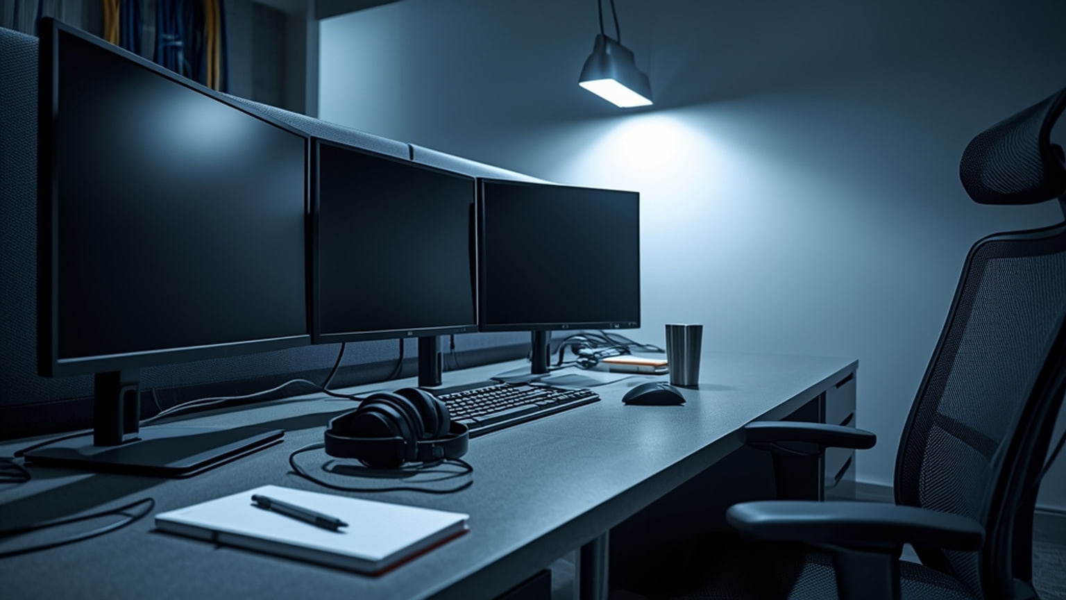 An unoccupied night-shift security operations workstation with three dark, powered-off monitors, a headset resting on the desk, and overhead ceiling light reflecting off the blank screens.