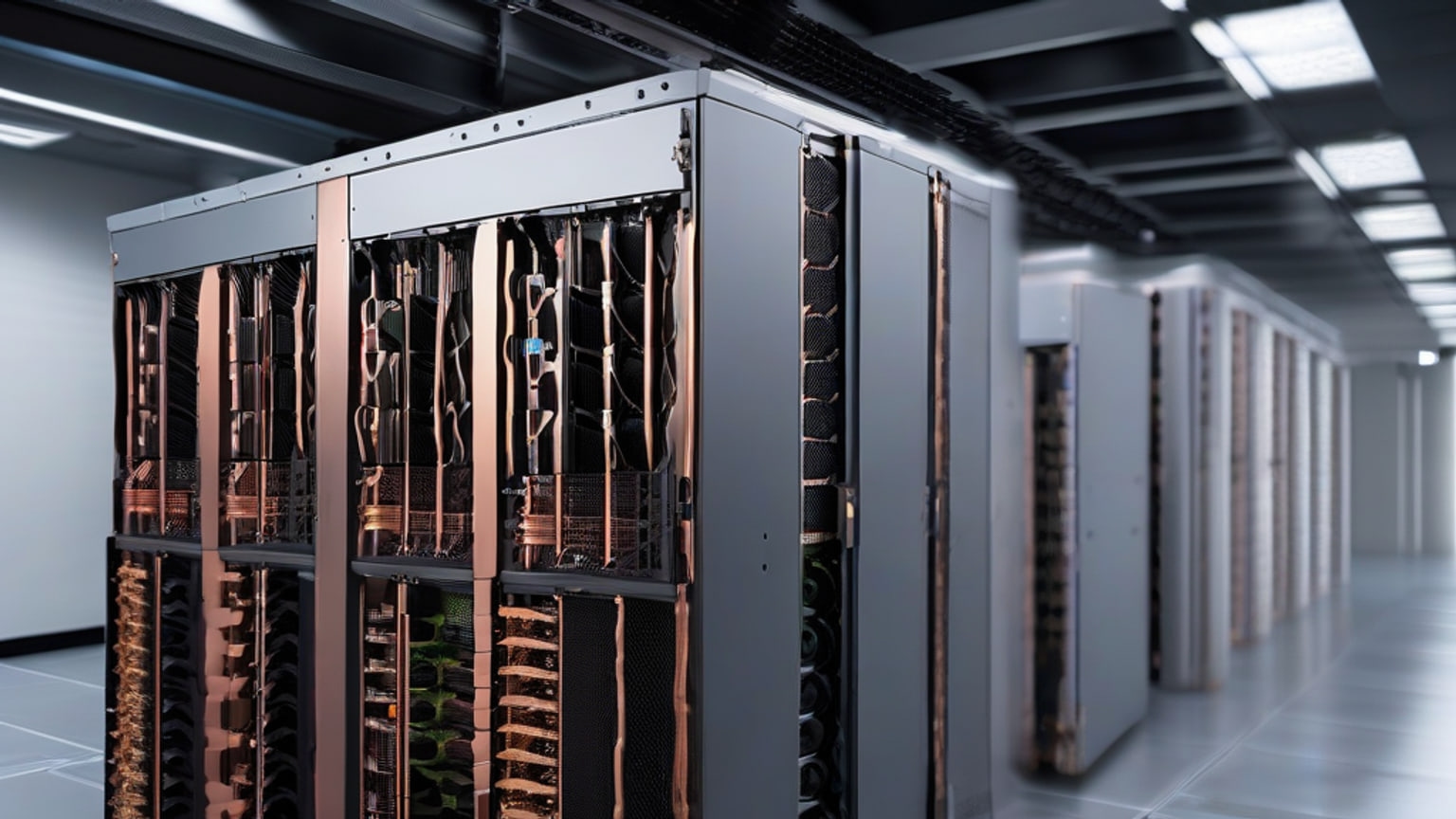 An unbranded GPU server in a university research-computing lab, with exposed cooling hardware and coiled cables under cool dawn light.