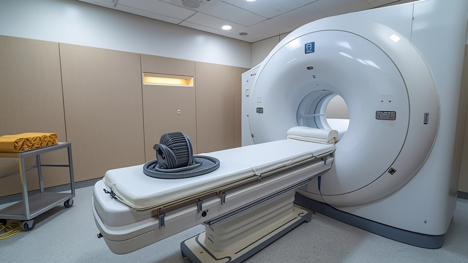 An empty functional MRI scanner in a university brain imaging suite, with the head coil resting on the retracted patient table under overhead light.