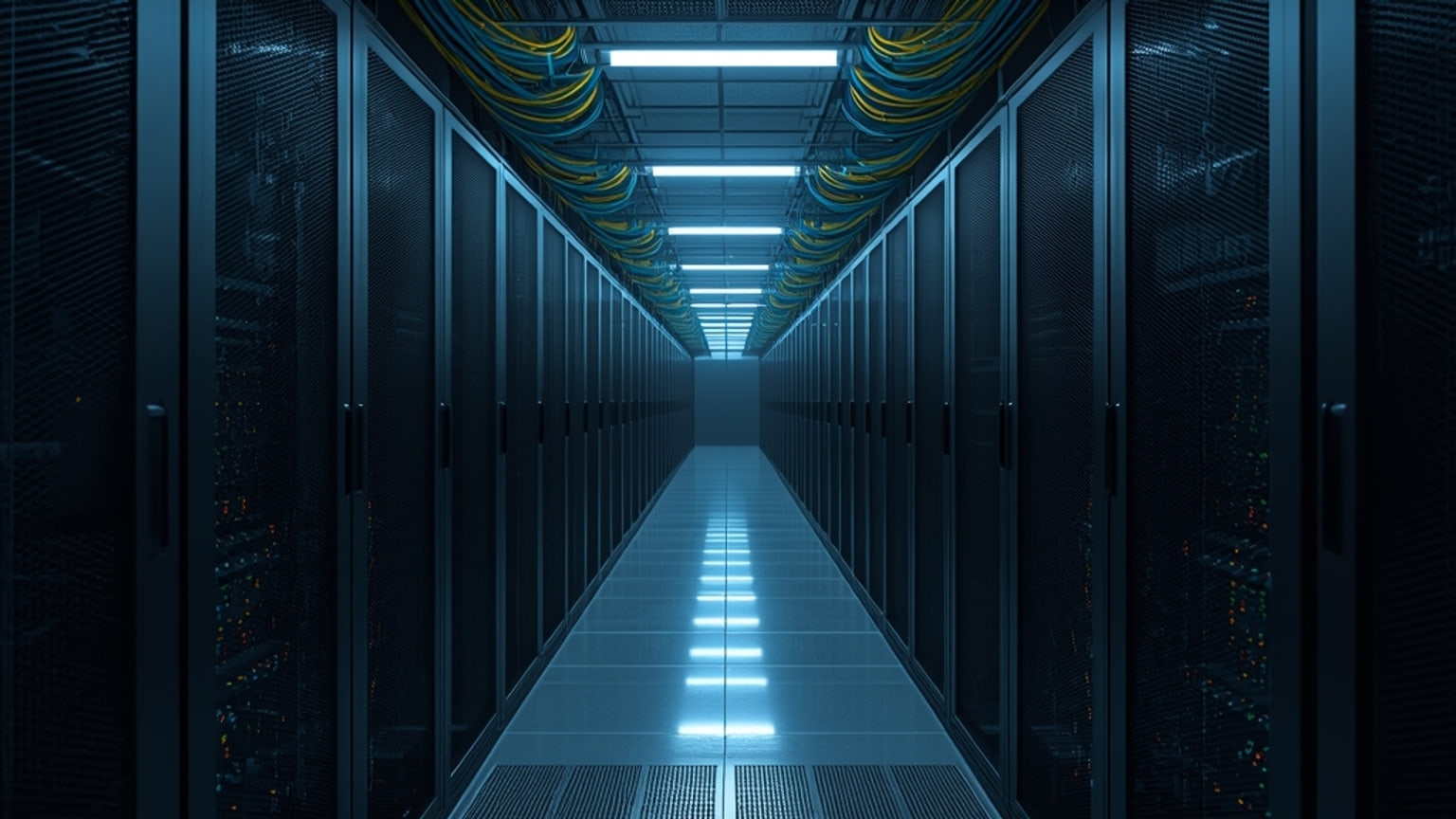 A dimly lit data center aisle at night, lined on both sides with black server racks, bundled fiber patch cables running through overhead cable trays and rows of small status lights receding into the distance.