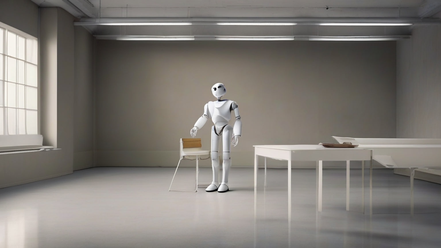 A featureless white humanoid robot standing in an empty interaction laboratory beside a chair and table in soft daylight.
