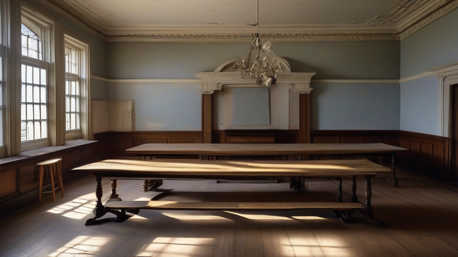 Empty seminar room at a medical school in late afternoon, with a bare oak table, a wiped chalkboard and a glass cabinet of old apothecary bottles