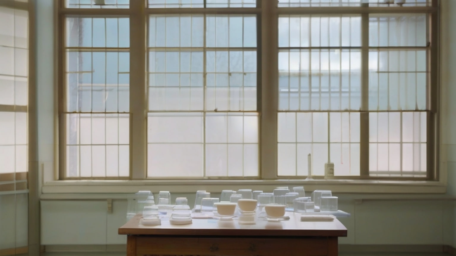Blank index cards arranged in branching rows on a wooden table in an empty university laboratory.