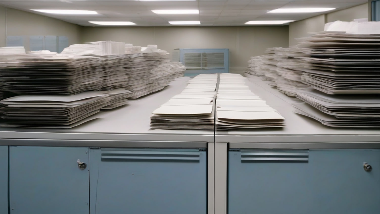 An empty records-processing room with three separate stacks of unmarked paper on metal trays, representing financial filings, news material and social-media text being handled under different data conditions.