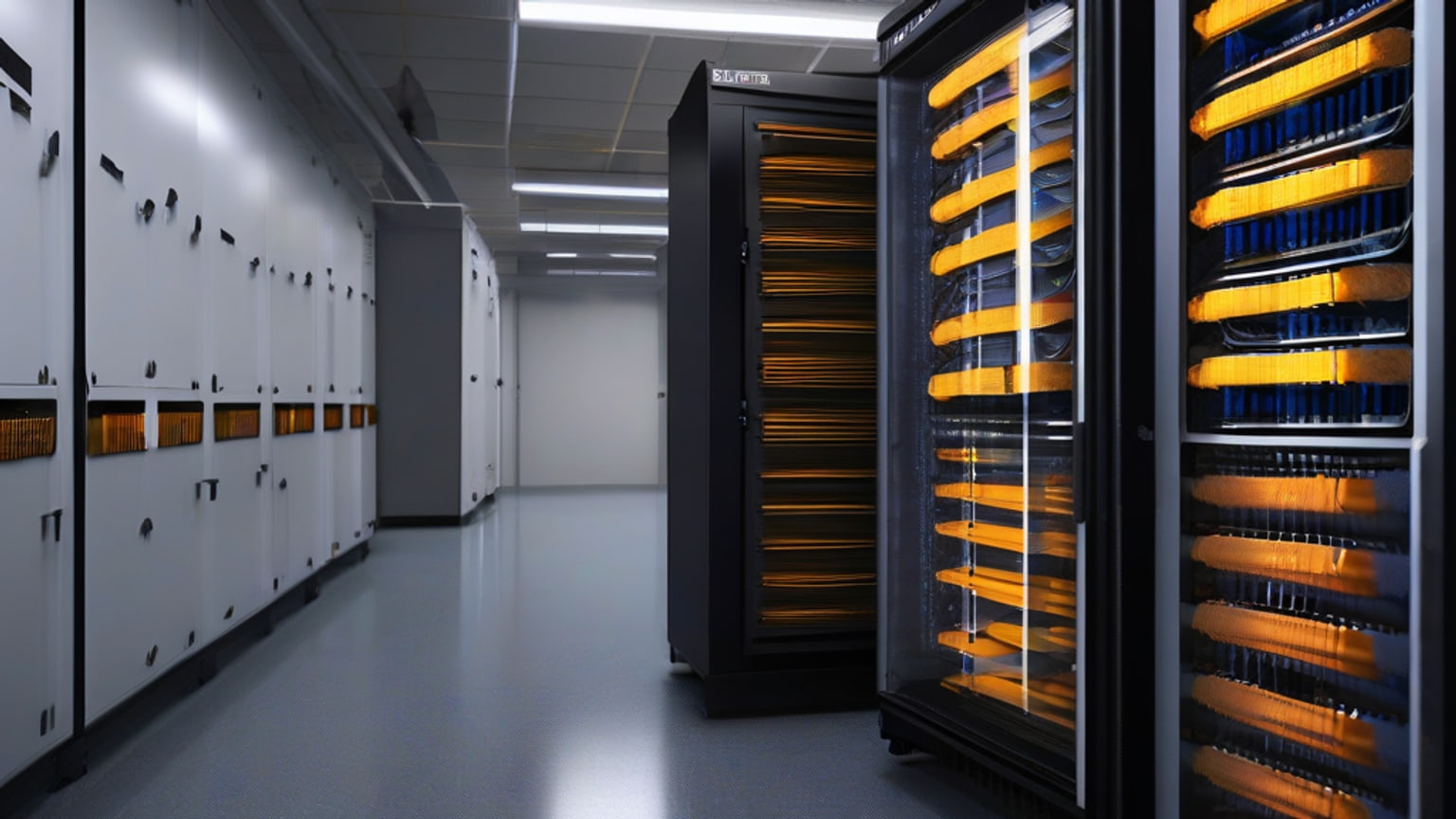 Unbranded server cabinets and repeating groups of blank cards in an empty machine-learning laboratory