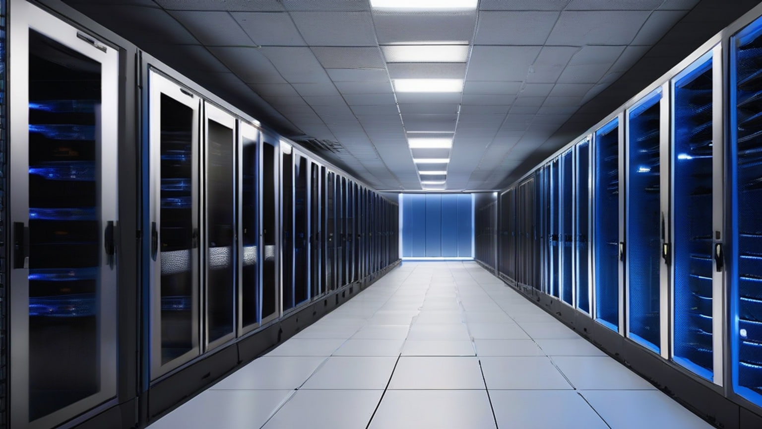 Unbranded server cabinets and fiber-optic cables in a university AI research data-center room.