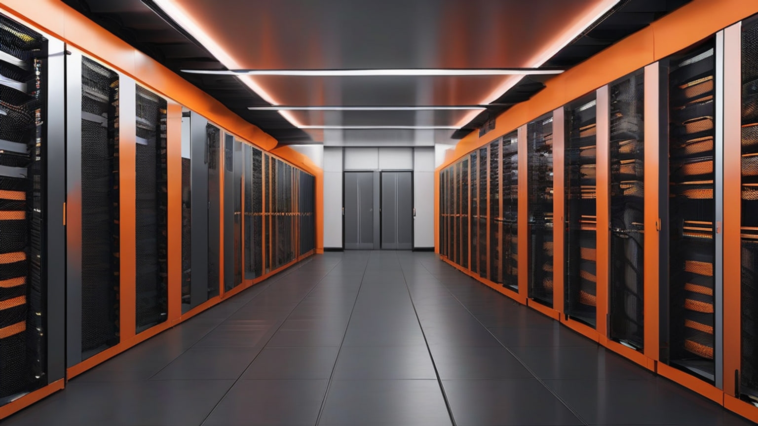 Rack-mounted computing servers in a university research machine room, with bundled cables and perforated steel doors under overhead lighting