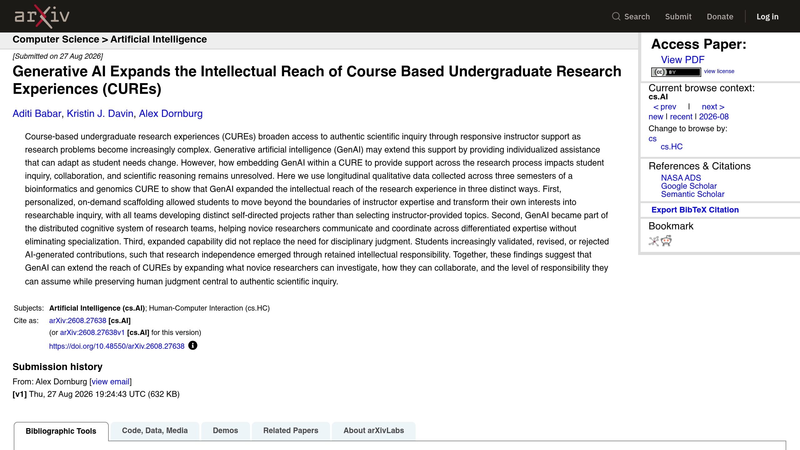 Source-page capture accompanying Preprint says generative AI broadened undergraduate research in a bioinformatics course