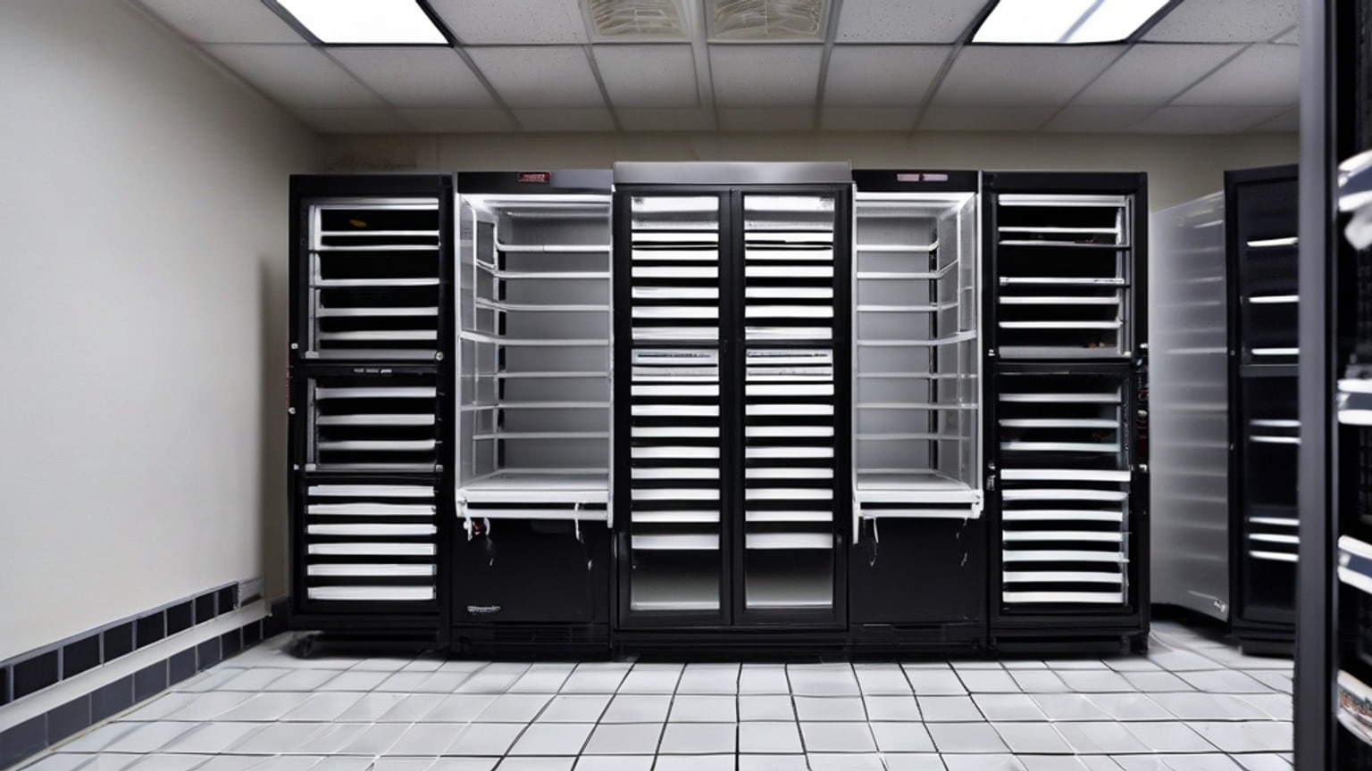 An empty university AI evaluation laboratory with an unbranded server rack and transparent trays of blank test cards on a stainless-steel workbench