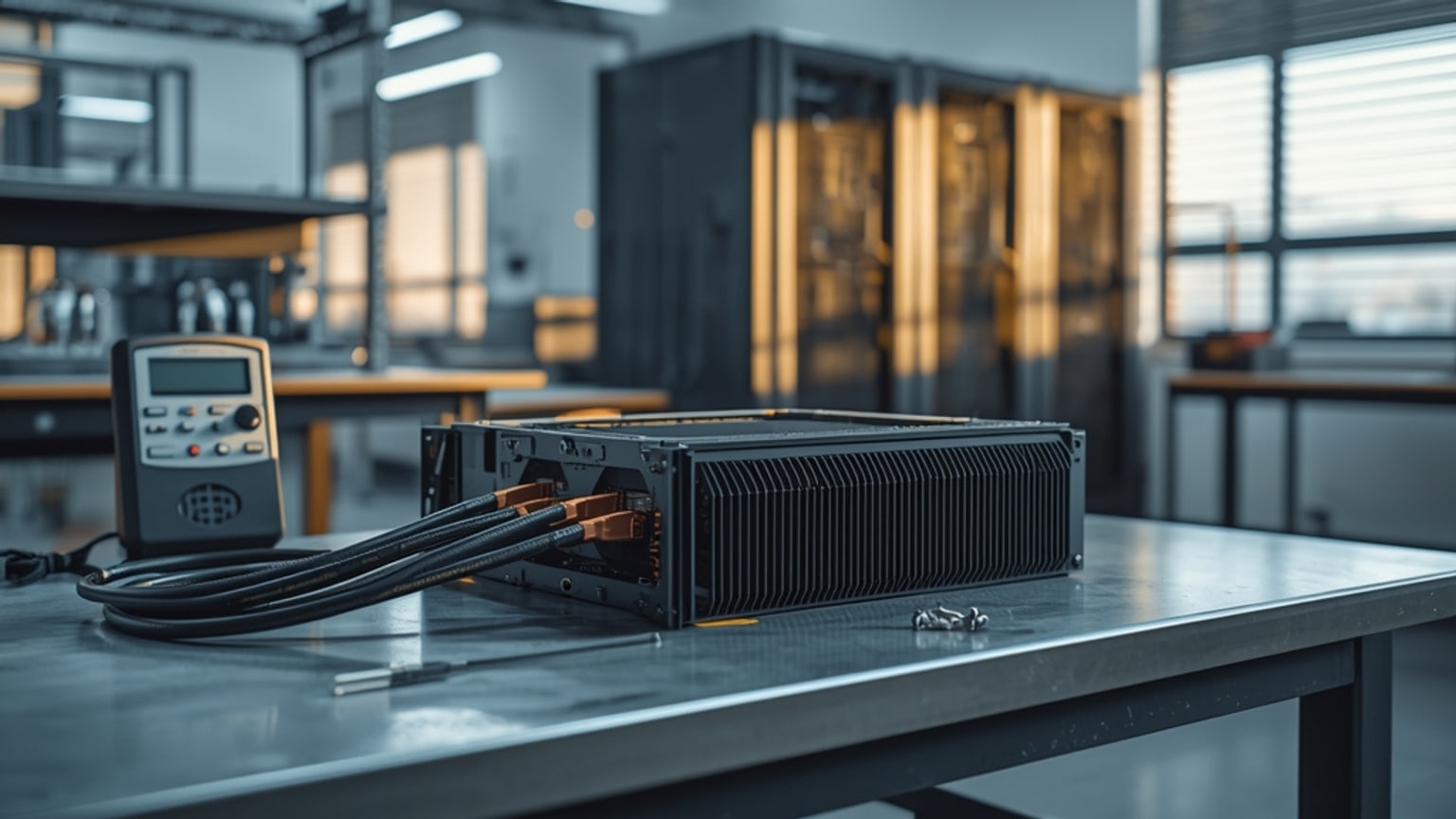 An open rack-mounted server with two large accelerator cards on a workbench in a university hardware lab, cables running to a benchtop power meter whose display faces away from the camera.