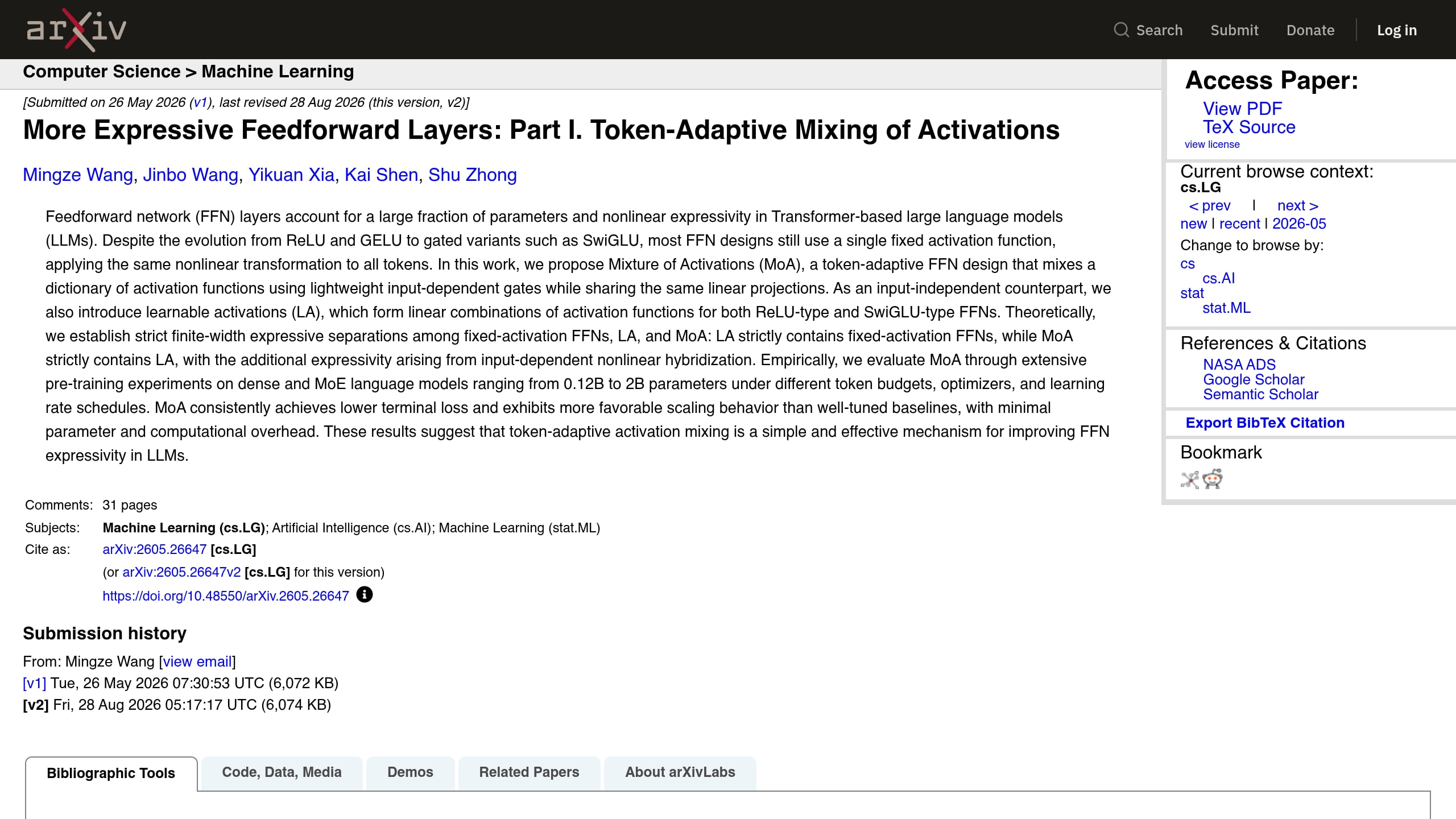 Source-page capture accompanying Researchers propose token-adaptive activation mixing for Transformer feedforward layers