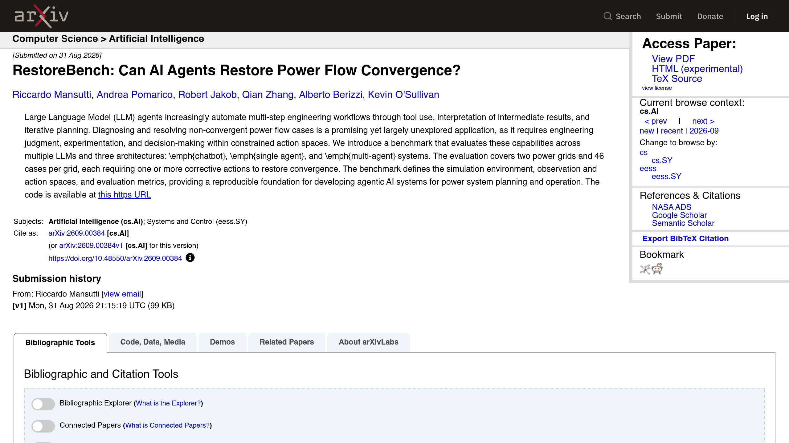 Source-page capture accompanying RestoreBench tests whether AI agents can restore power-flow convergence