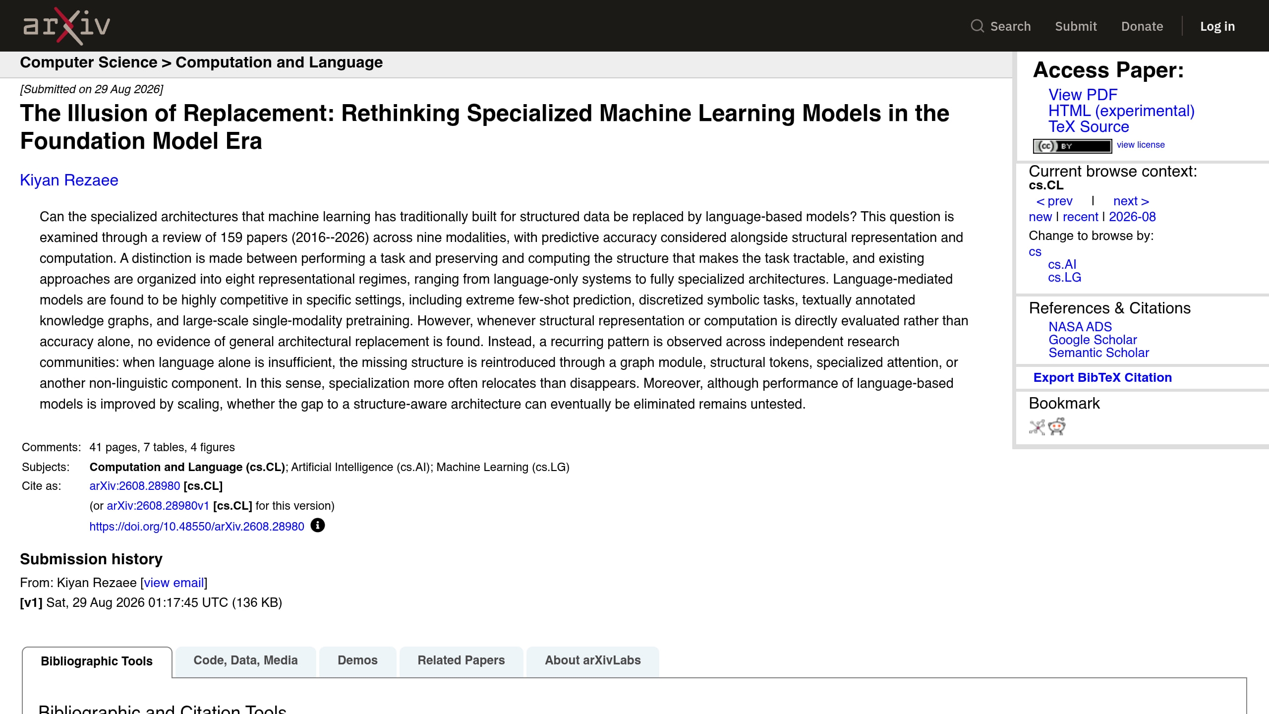 Source-page capture accompanying Review finds foundation models have not generally replaced specialized machine-learning architectures