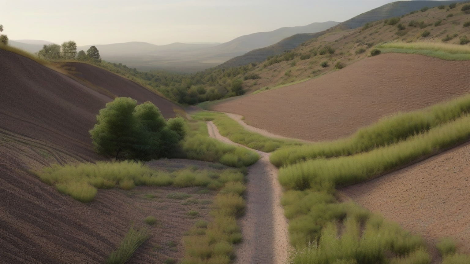 Steep forested hillside above a dry valley, with exposed soil, rocks and a narrow drainage channel.