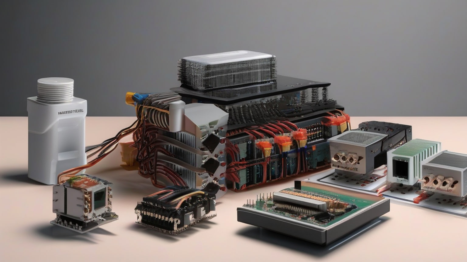 AI-generated editorial illustration: Photorealistic editorial still life of unbranded AI infrastructure components, including semiconductor packages, memory modules, fiber-optic networking connectors, a small robotics actuator and copper cooling tubing; no people, logos or readable text. Created for “PYMNTS reports Andreessen Horowitz raised $1.1 billion AI hardware fund.”