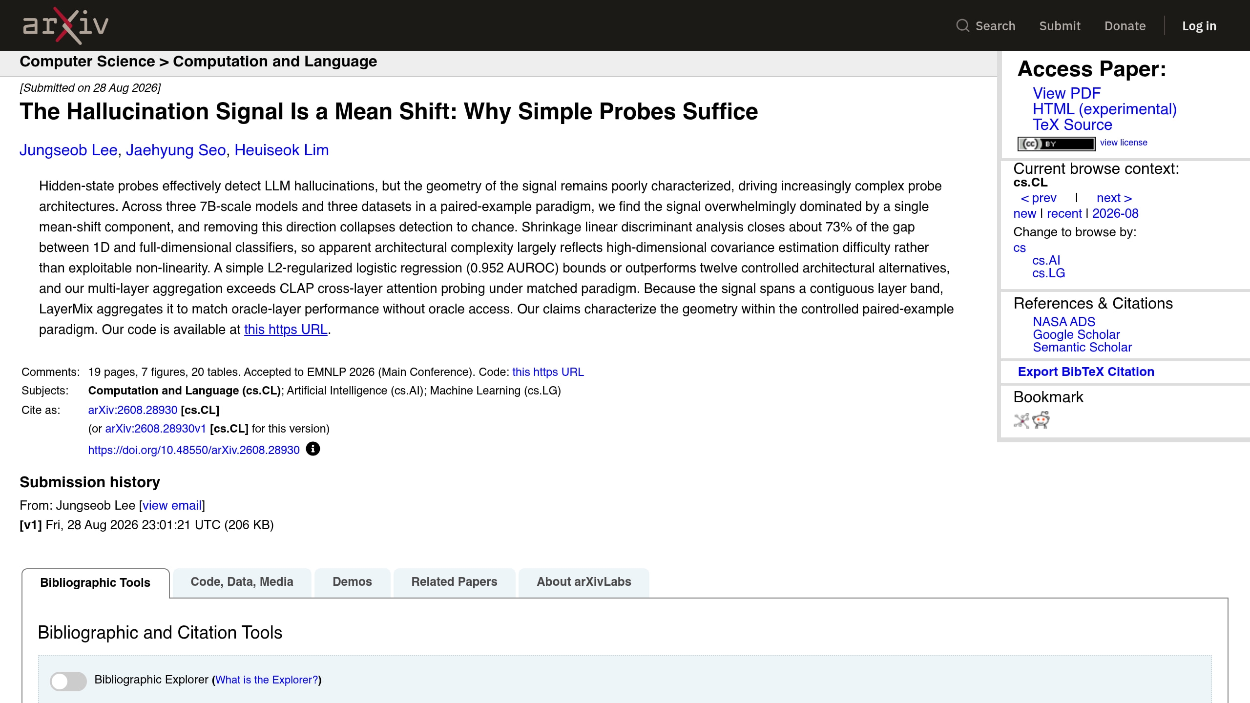 Source-page capture accompanying Study finds a single mean shift dominates LLM hallucination detection