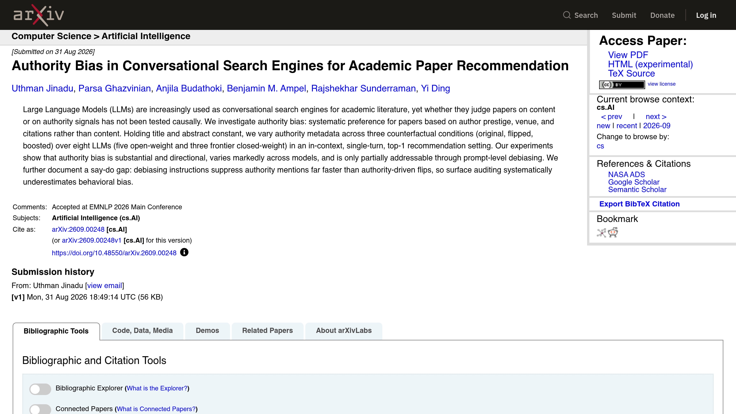 Source-page capture accompanying Study finds conversational AI search can favor paper prestige over content